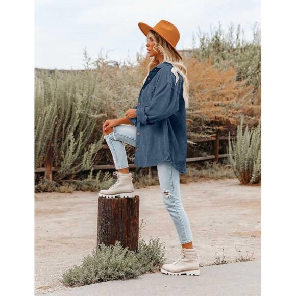 Women Blue Collared V Neck Button Down Oversized Long Sleeve Shirt Top - Picture 3 of 6